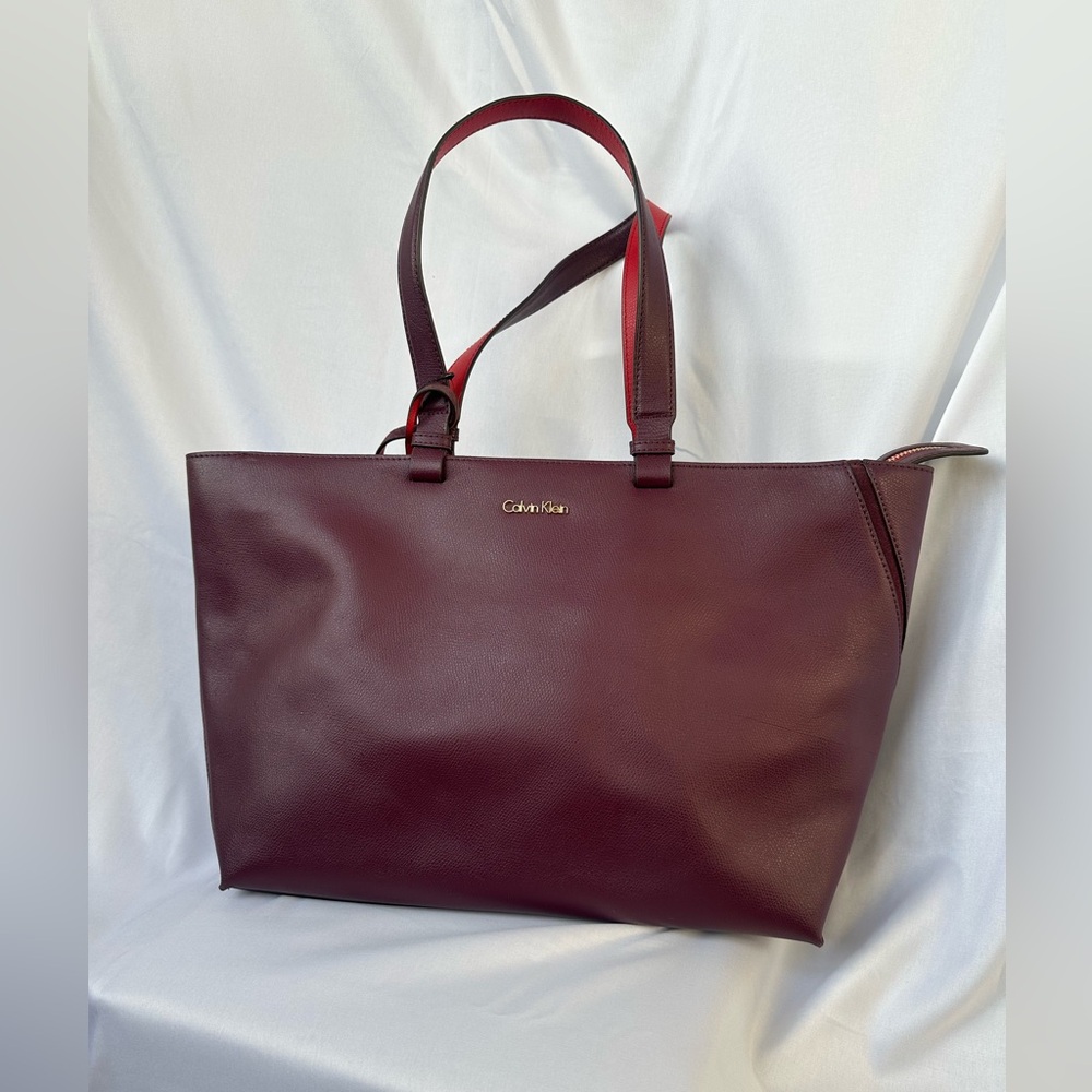 Calvin Klein Plum and Red Leather Tote Bag with Spacious Design